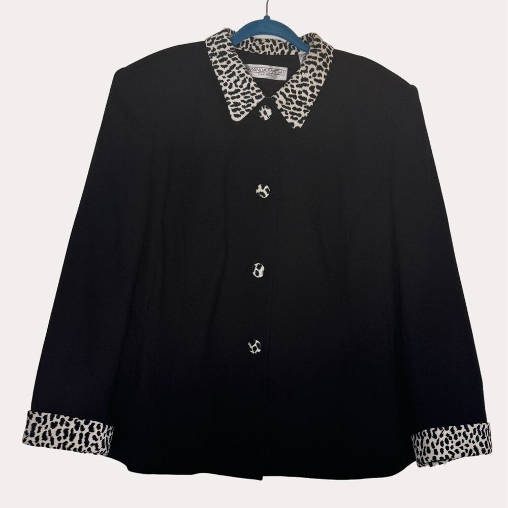 Amanda Smith Pure Wool Blazer Jacket Animal Print Button Black 22W